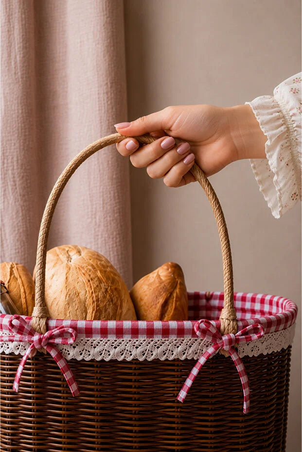 Rattan İç Korumalı Piknik Sepeti / Çanta Kahve Renk