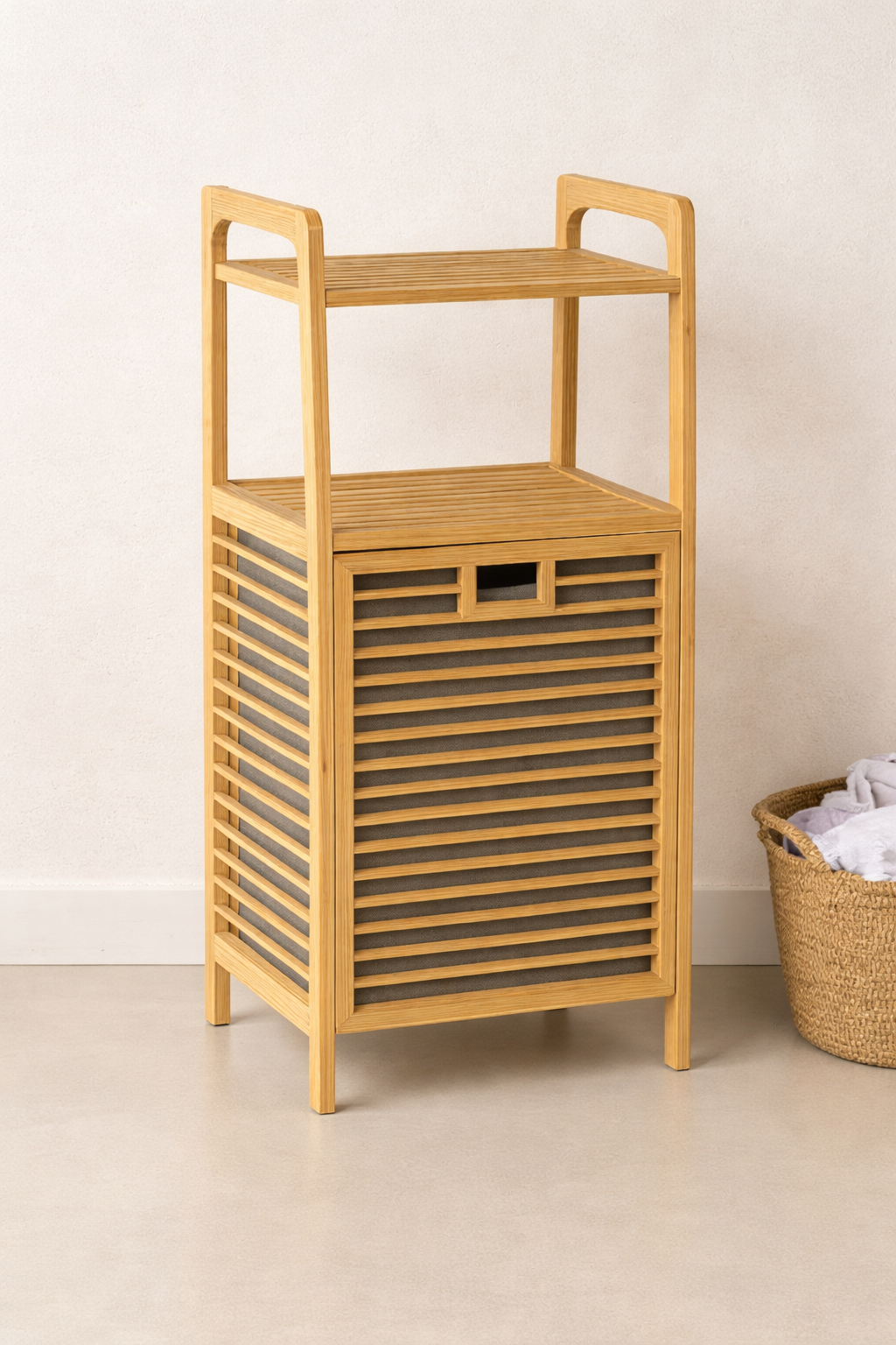 Vita 2 Raflı Bambu Kirli Sepeti , Çamaşır Sepeti Banyo Dolap Organizer