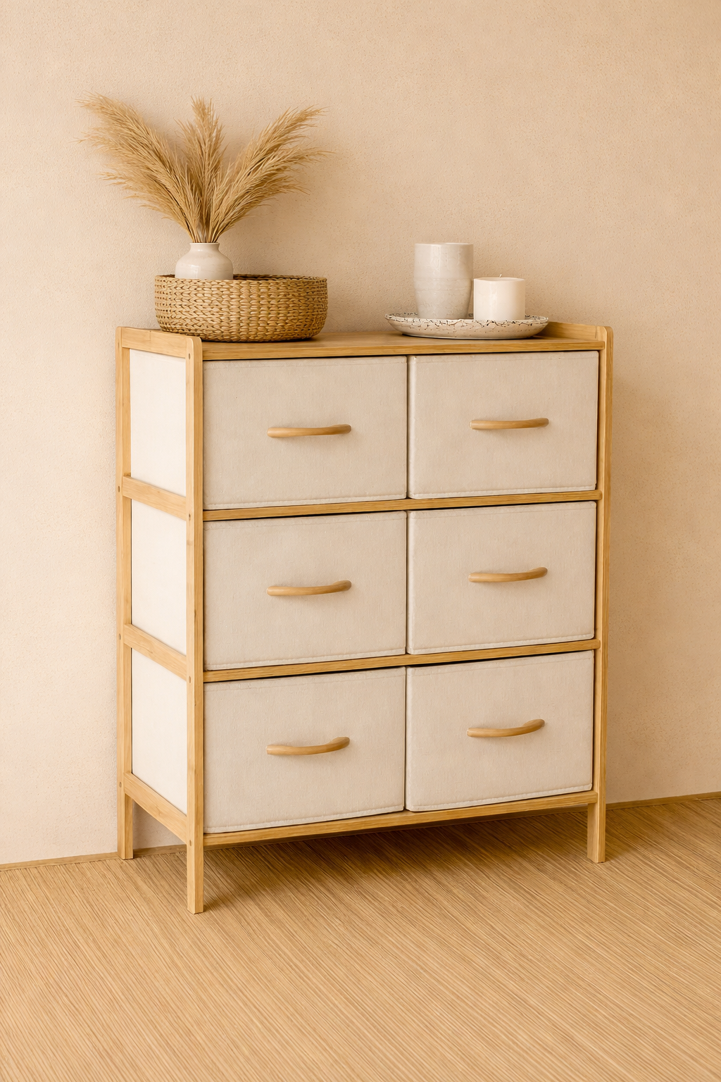 6 Bölmeli Bez Çekmeçeli Bambu Raf