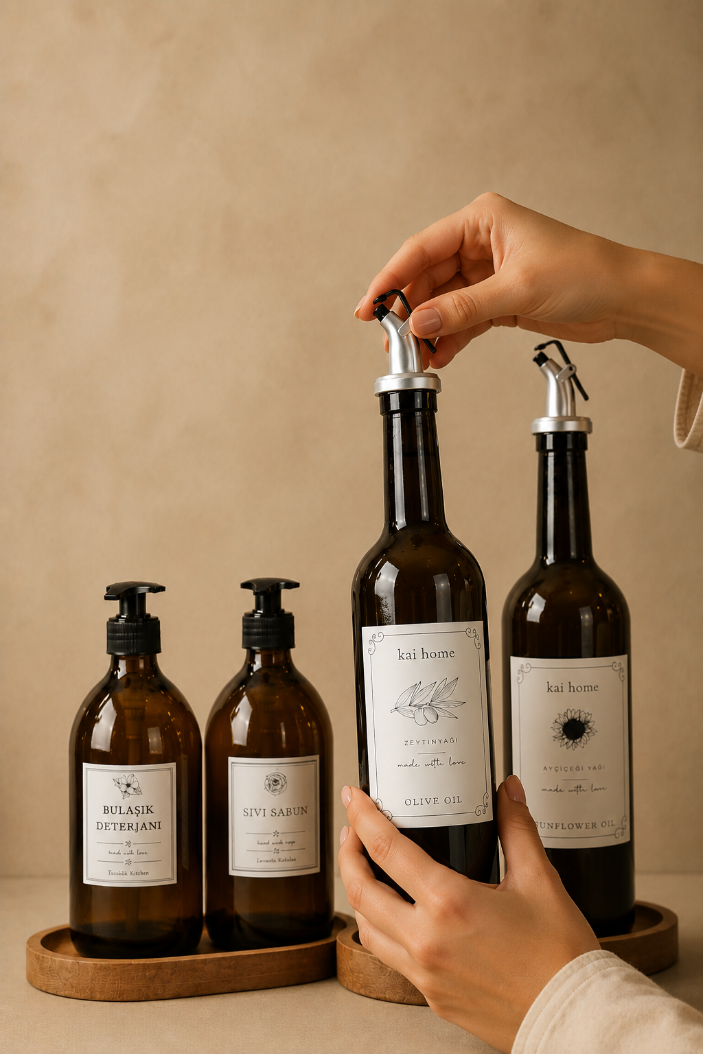 6'lı Ahşap Standlı 2'li Amber 750ml Yağdanlık 2'li Amber Sabunluk Mutfak Yağlık Sabunluk Set
