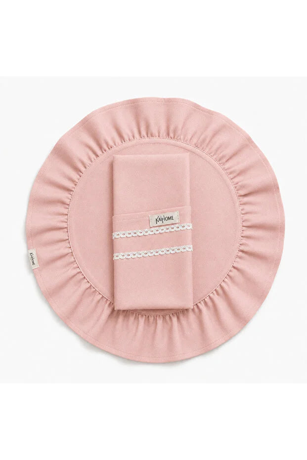 Lüks Pembe 2 Parça Amerikan Servis & Dantel Detaylı Kaşıklık Takımı – 1 Amerikan Servis + 1 Kaşıklık