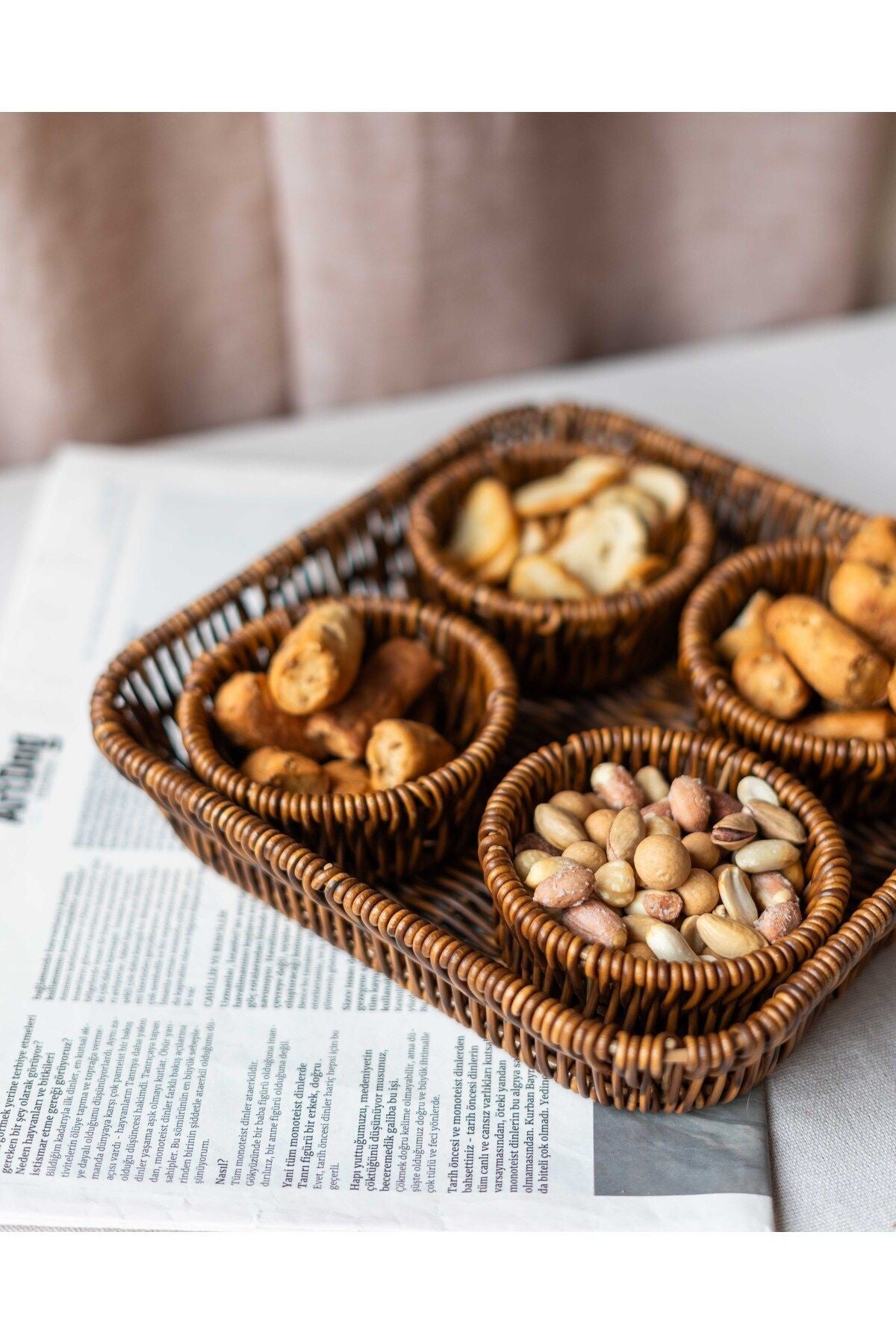 5 Parça Rattan Görünümlü Çerezlik / Sunumluk / Piknik Seti