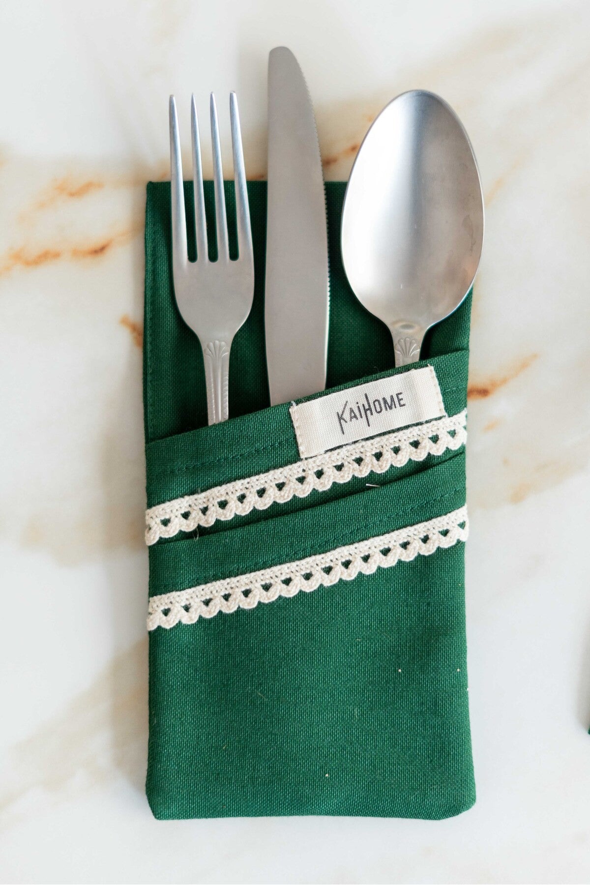 2li %100 Dak Keten Dantel Detaylı 2 Bölmeli Kaşıklık / Peçetelik / Çatal-Kaşık-Bıçak Kılıfı Yeşil