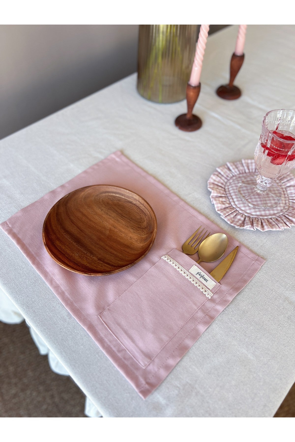 Rosy 2Li Cep Detaylı Keten Amerikan Servis/ Supla Pembe