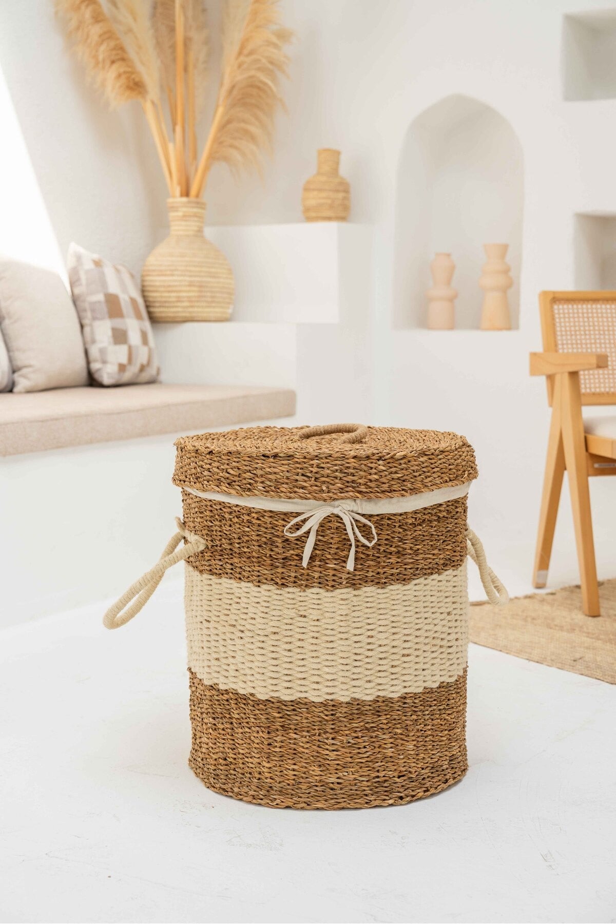 Hasır Kapaklı Ve Kulplu Krem Örme Büyük Boy Çamaşır Sepeti/Düzenleyici