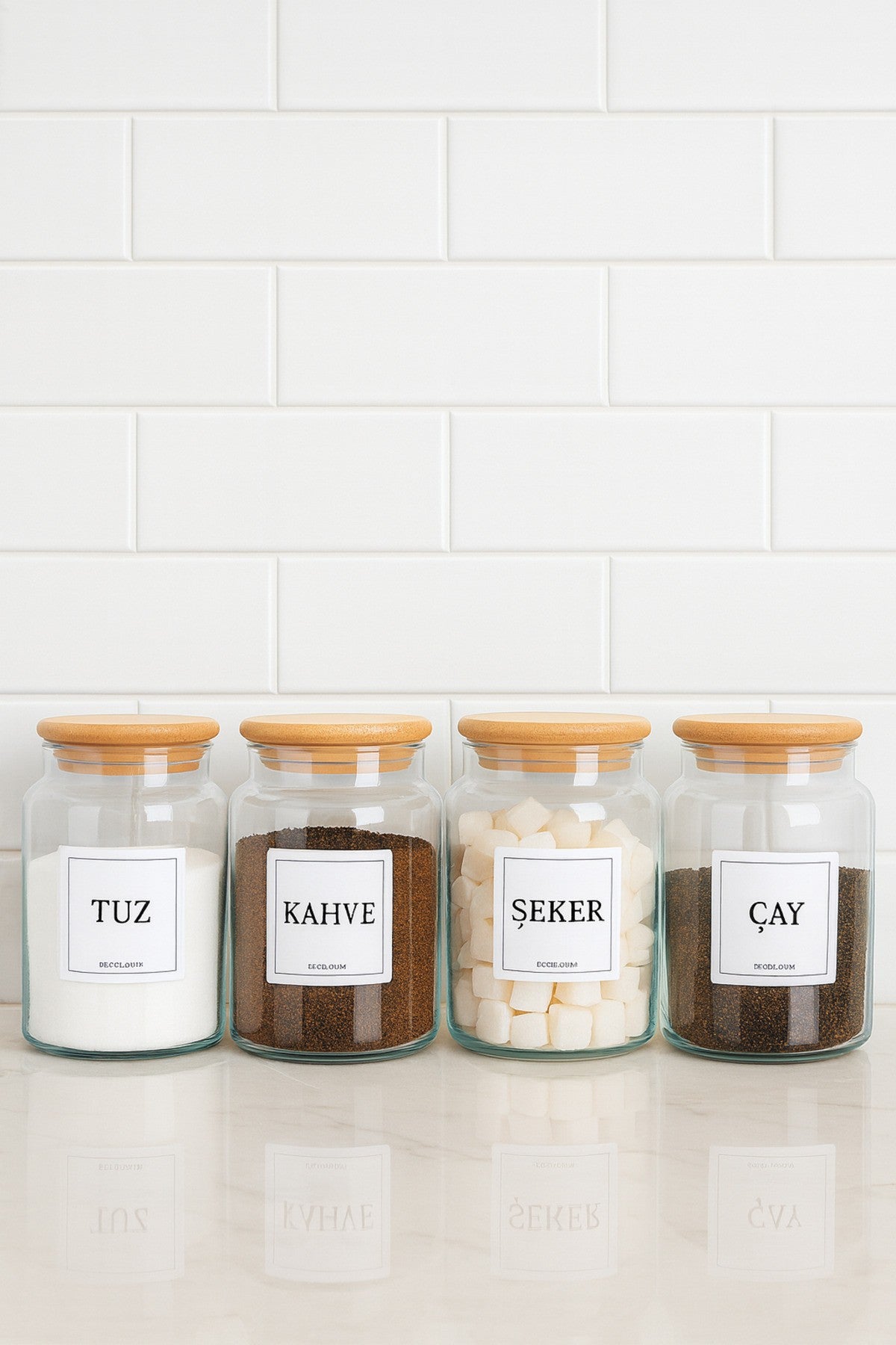 4'lü Ahşap Vakumlu Kapaklı Kahve Çay Şeker Tuz Kavanozu Cam Seti