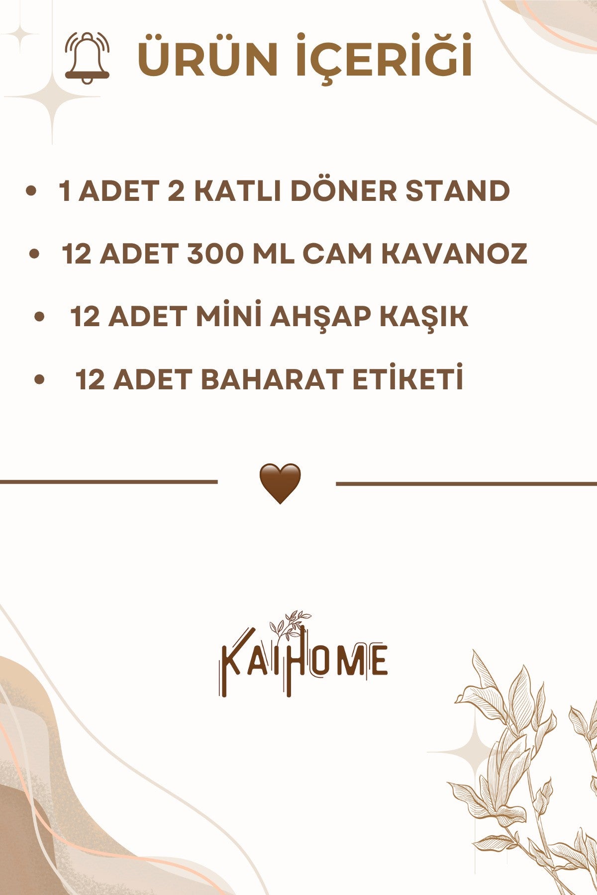 12li Ahşap Döner Standlı Baharat Seti 300ml 12 Adet Ahşap Kaşık