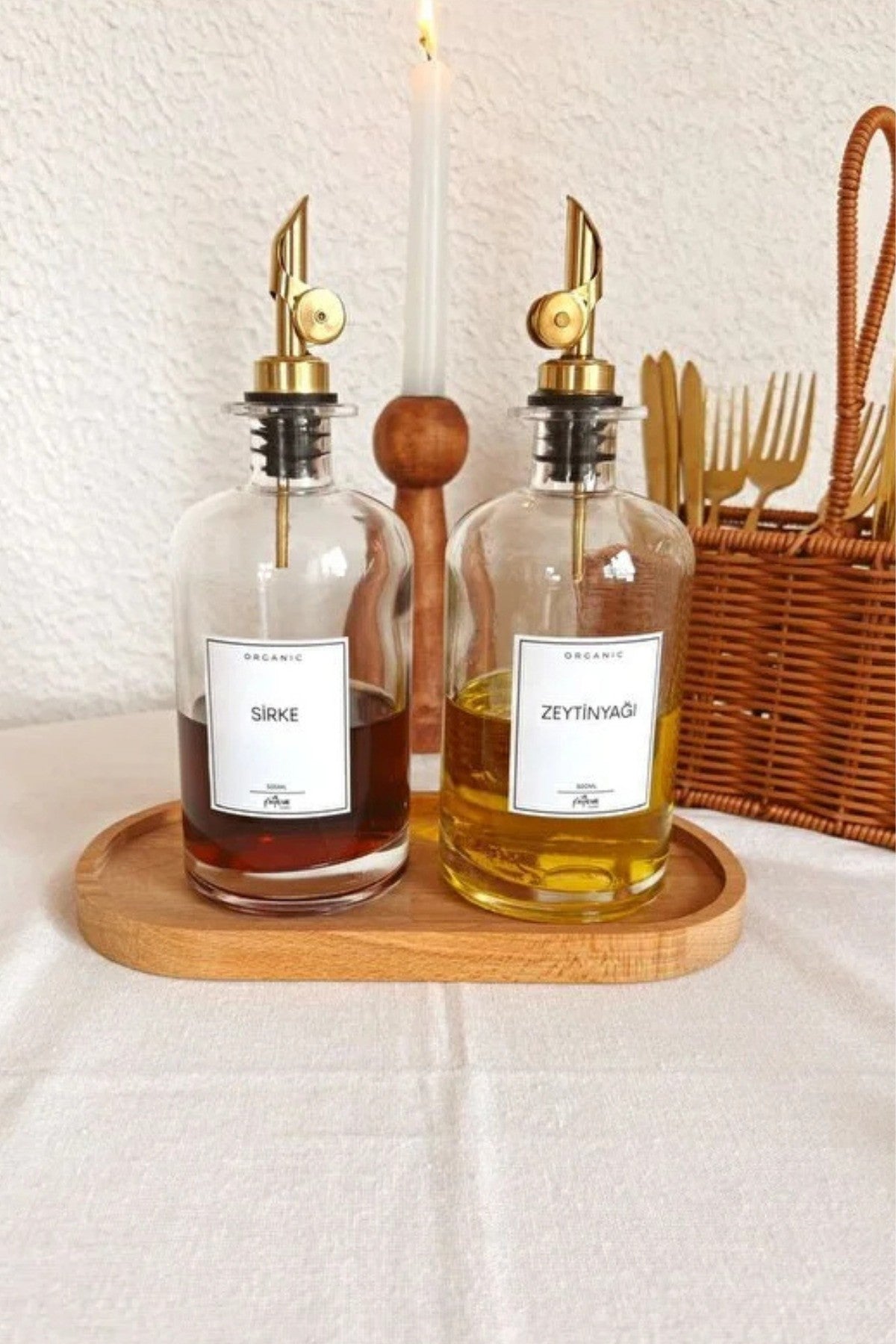 2'li Gold Kristal Cam Yağdanlık Seti (5 farklı etiket ile) Beyaz Etiket