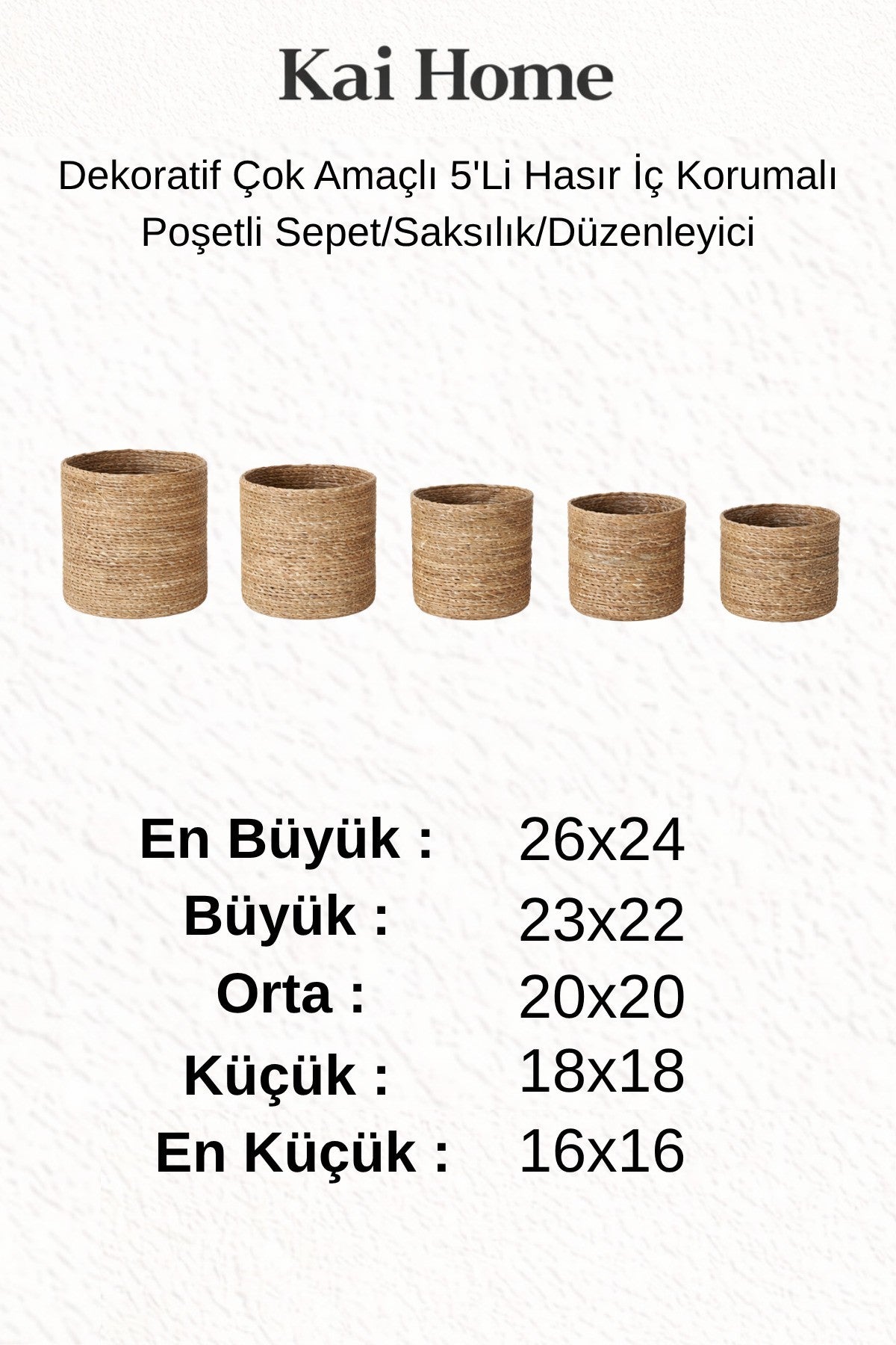 Dekoratif Çok Amaçlı 5'Li Hasır İç Korumalı Poşetli Sepet/Saksılık/Düzenleyici