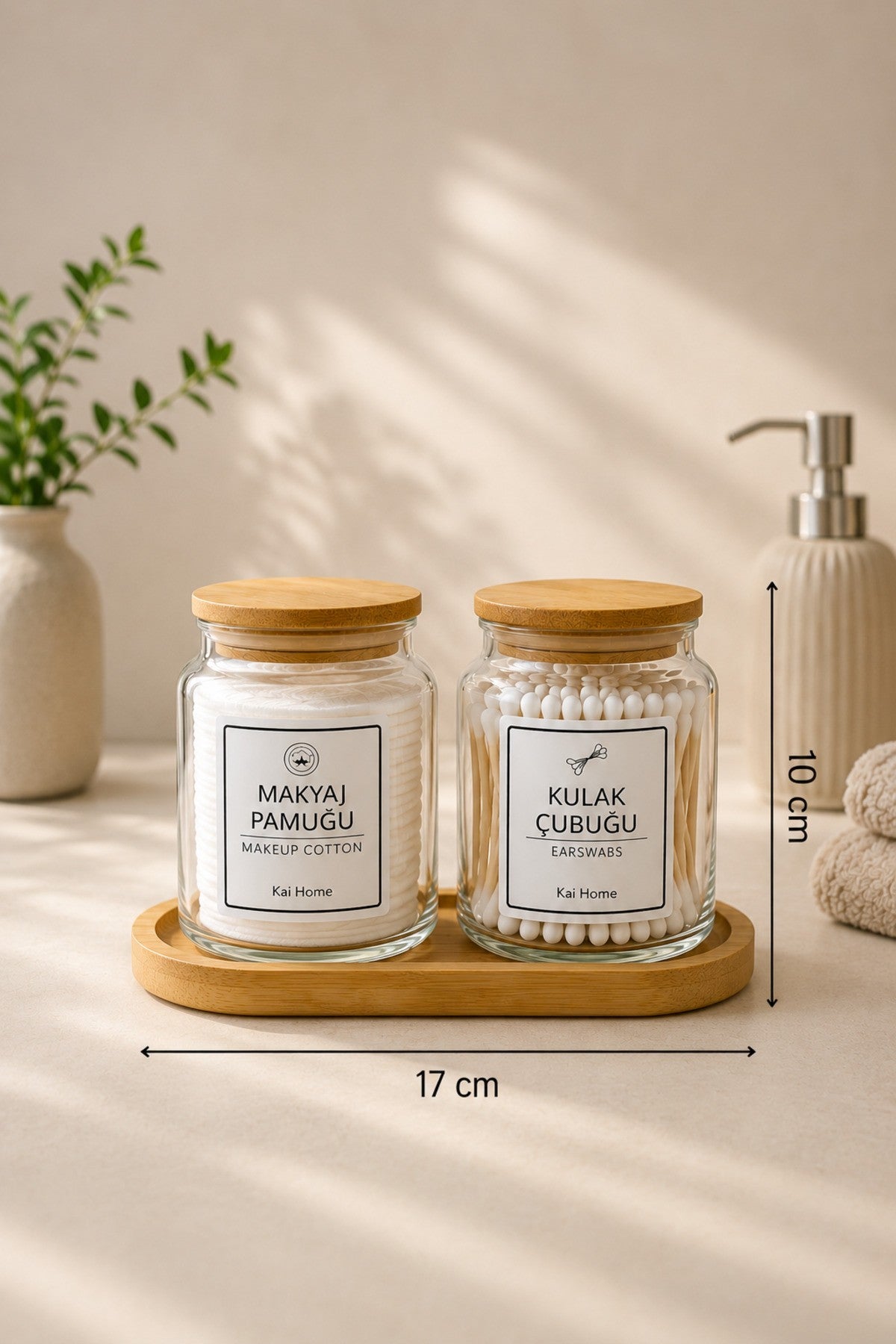2'li Cam Banyo Saklama Kavanozu Seti – Bambu Kapaklı ve Standlı 290 cc