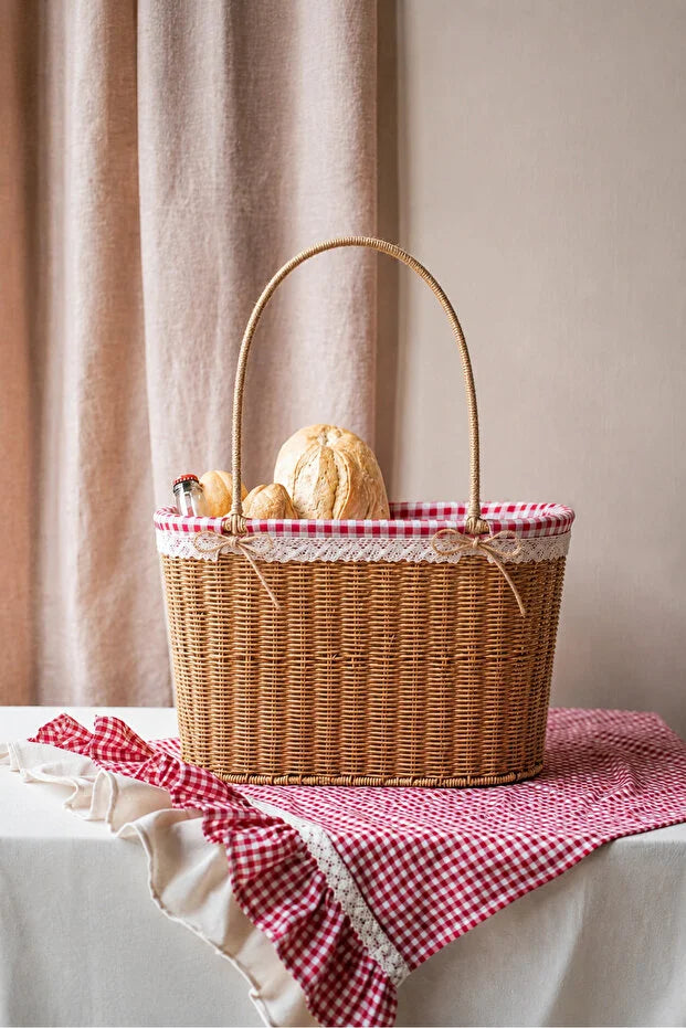 Rattan İç Korumalı Piknik Sepeti / Çanta Açık Renk