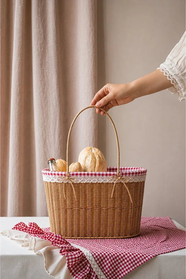 Rattan İç Korumalı Piknik Sepeti / Çanta Açık Renk