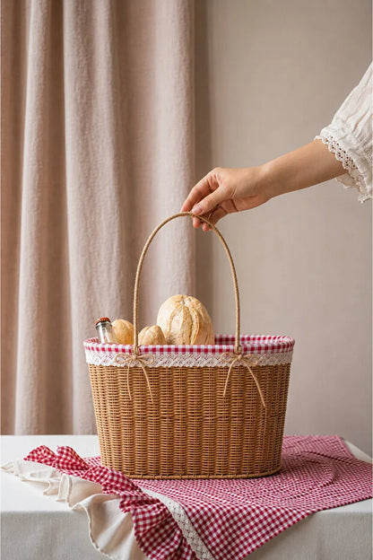 Rattan İç Korumalı Piknik Sepeti / Çanta Açık Renk