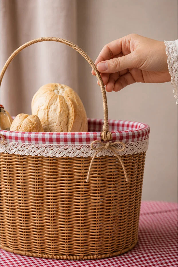 Rattan İç Korumalı Piknik Sepeti / Çanta Açık Renk