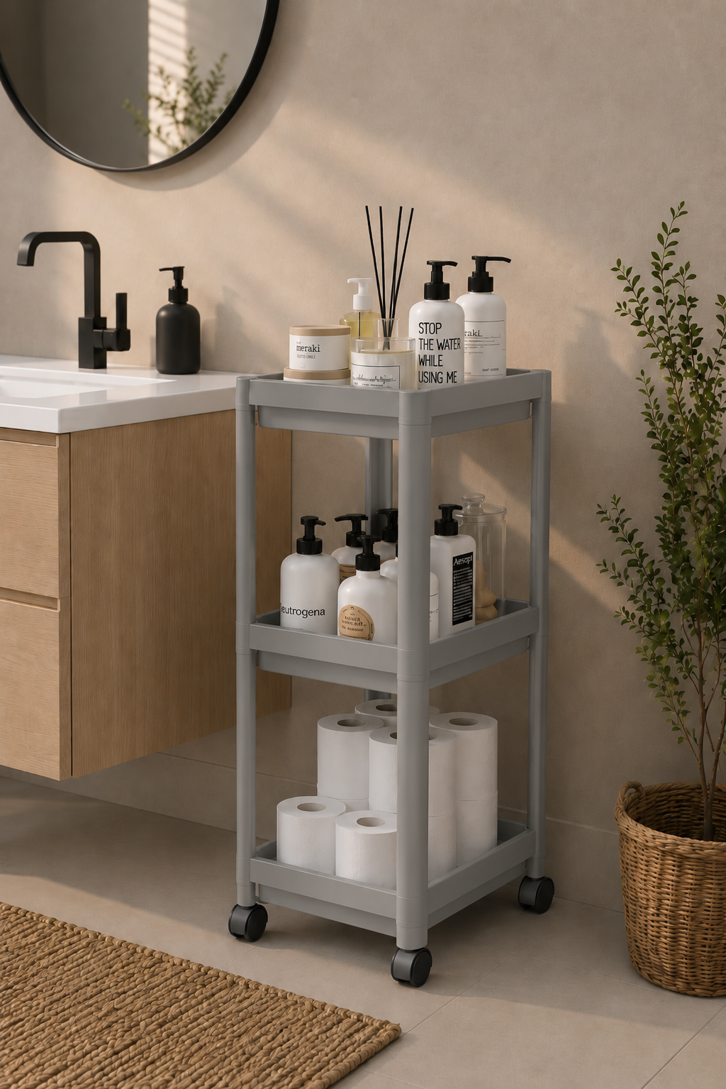 3 Katlı Gri Banyo Raf Ünitesi Düzenleyici Şampuanlık Havluluk Dolap Organizer