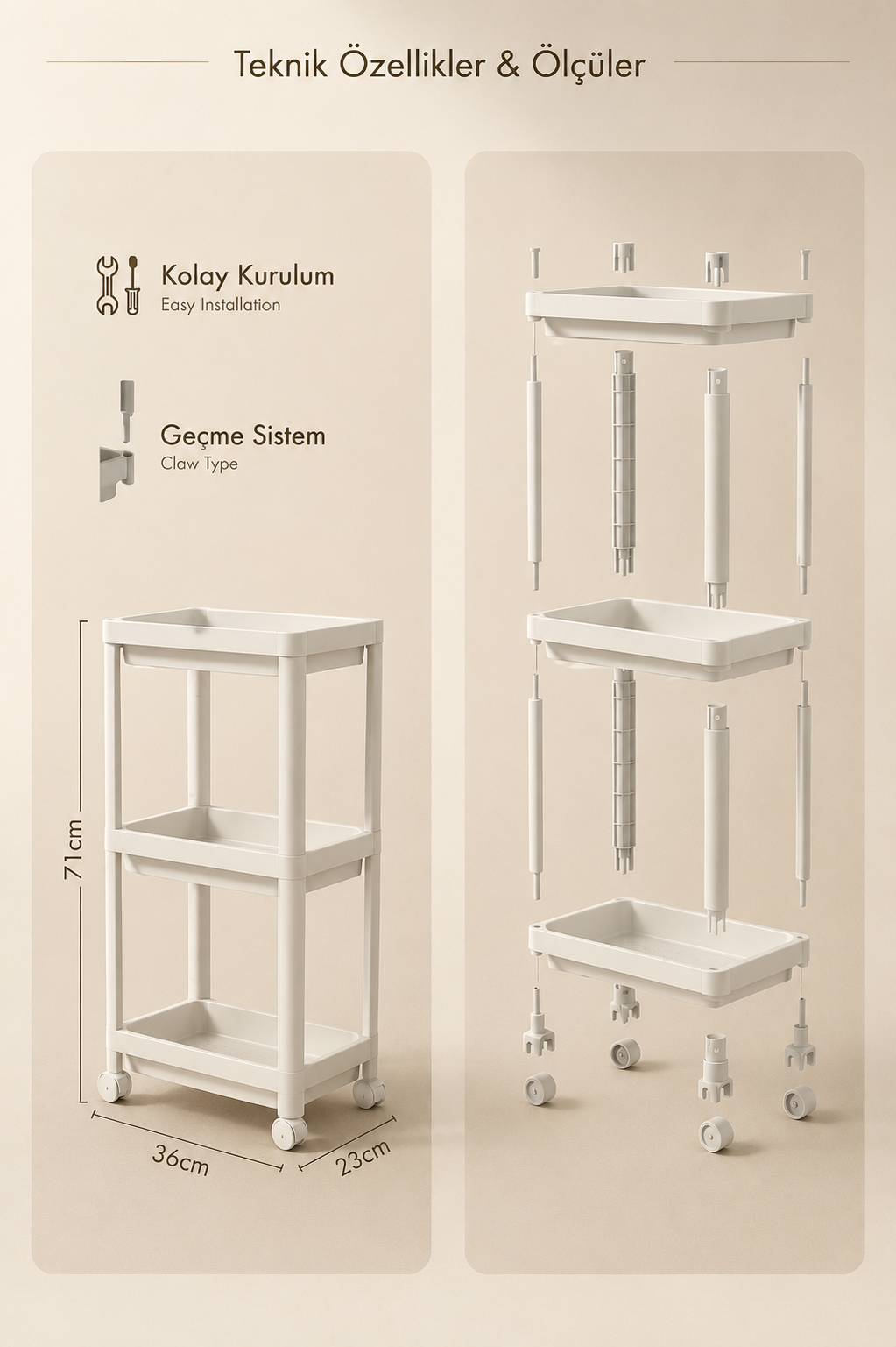 3 Katlı Gri Banyo Raf Ünitesi Düzenleyici Şampuanlık Havluluk Dolap Organizer