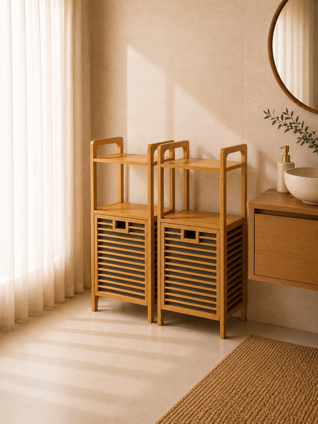 2 adet Vita 2 Raflı Bambu Kirli Sepeti , Çamaşır Sepeti Banyo Dolap Organizer