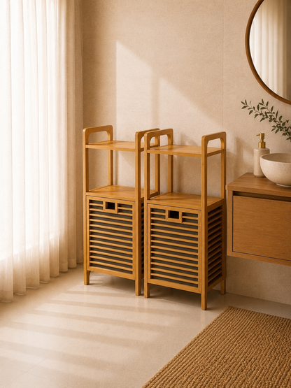 2 adet Vita 2 Raflı Bambu Kirli Sepeti , Çamaşır Sepeti Banyo Dolap Organizer