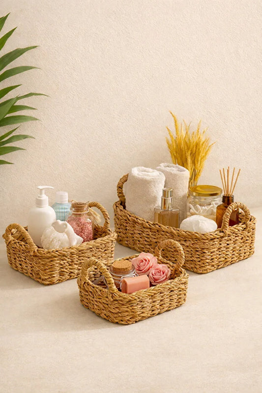 Hasır Dikdörtgen Seagrass 3'Lü Sepet / Düzenleyici / Banyo Düzenleyici