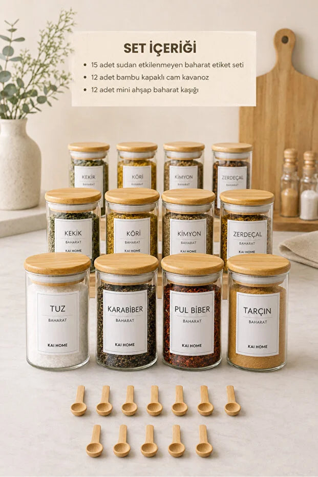 Bambu Vakum Kapaklı 12li Cam Baharat Seti + 12 Adet Ahşap Kaşık