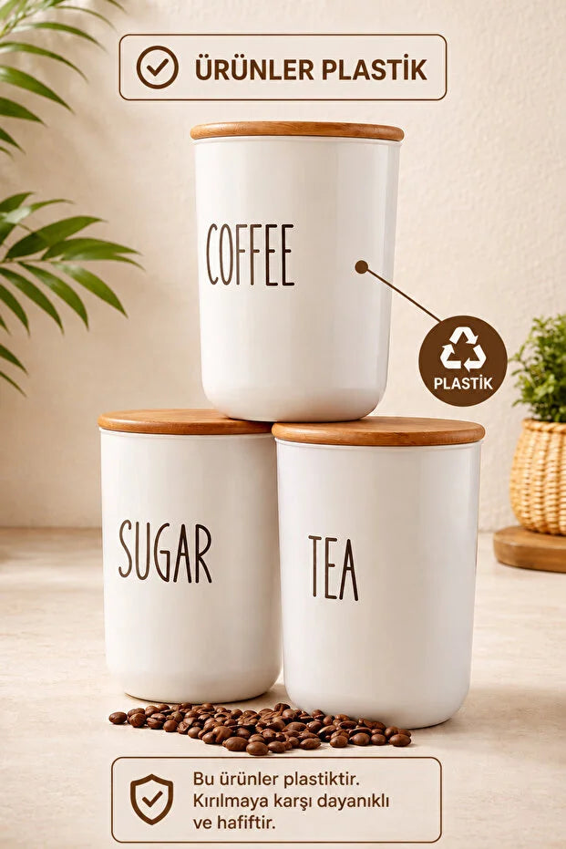 3'Lü Plastik Bambu Kapaklı Çay/Kahve/Şeker Kavanozu