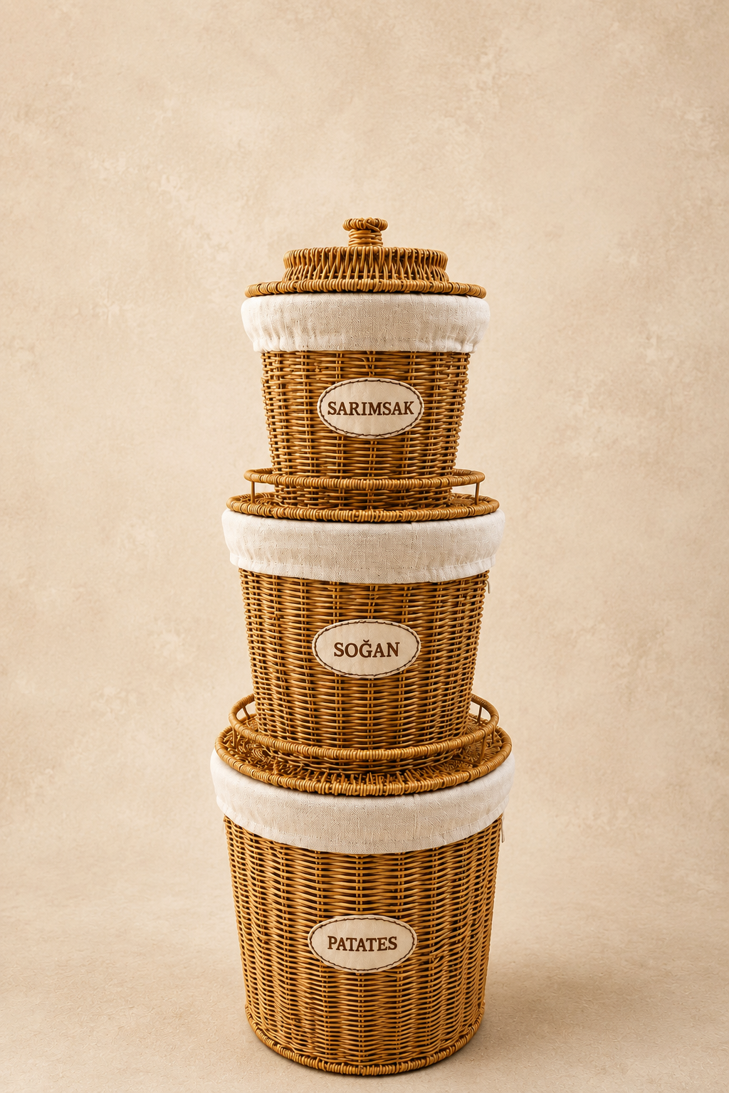 3'Lü Rattan Büyük Boy Patates Soğan Sarımsak Saklama Sepeti
