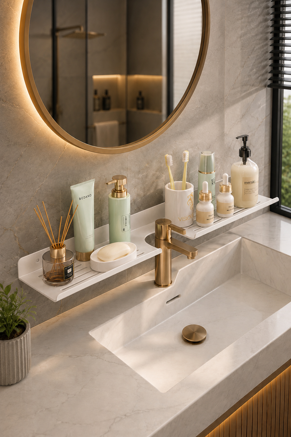 Metal Beyaz  Lavabo Üstü Banyo Rafı Duvara Monte Paslanmaz Organizer