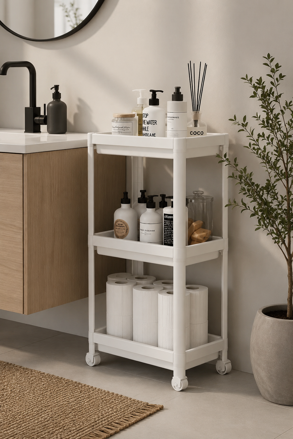 3 Katlı Beyaz Banyo Raf Ünitesi  Düzenleyici Şampuanlık Havluluk Dolap Organizer