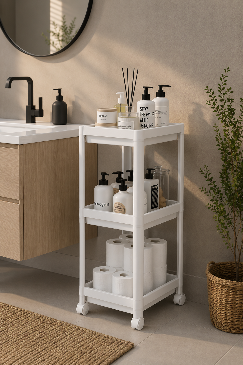 3 Katlı Beyaz Banyo Raf Ünitesi  Düzenleyici Şampuanlık Havluluk Dolap Organizer