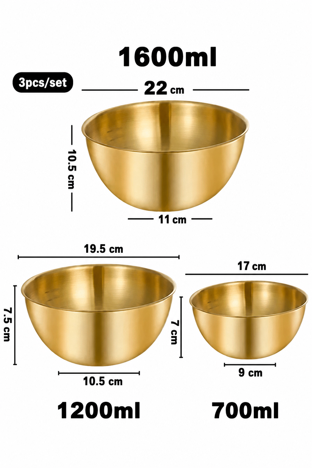 3'Lü Gold Paslanmaz Çelik Karıştırma Ve Salata Kase Seti