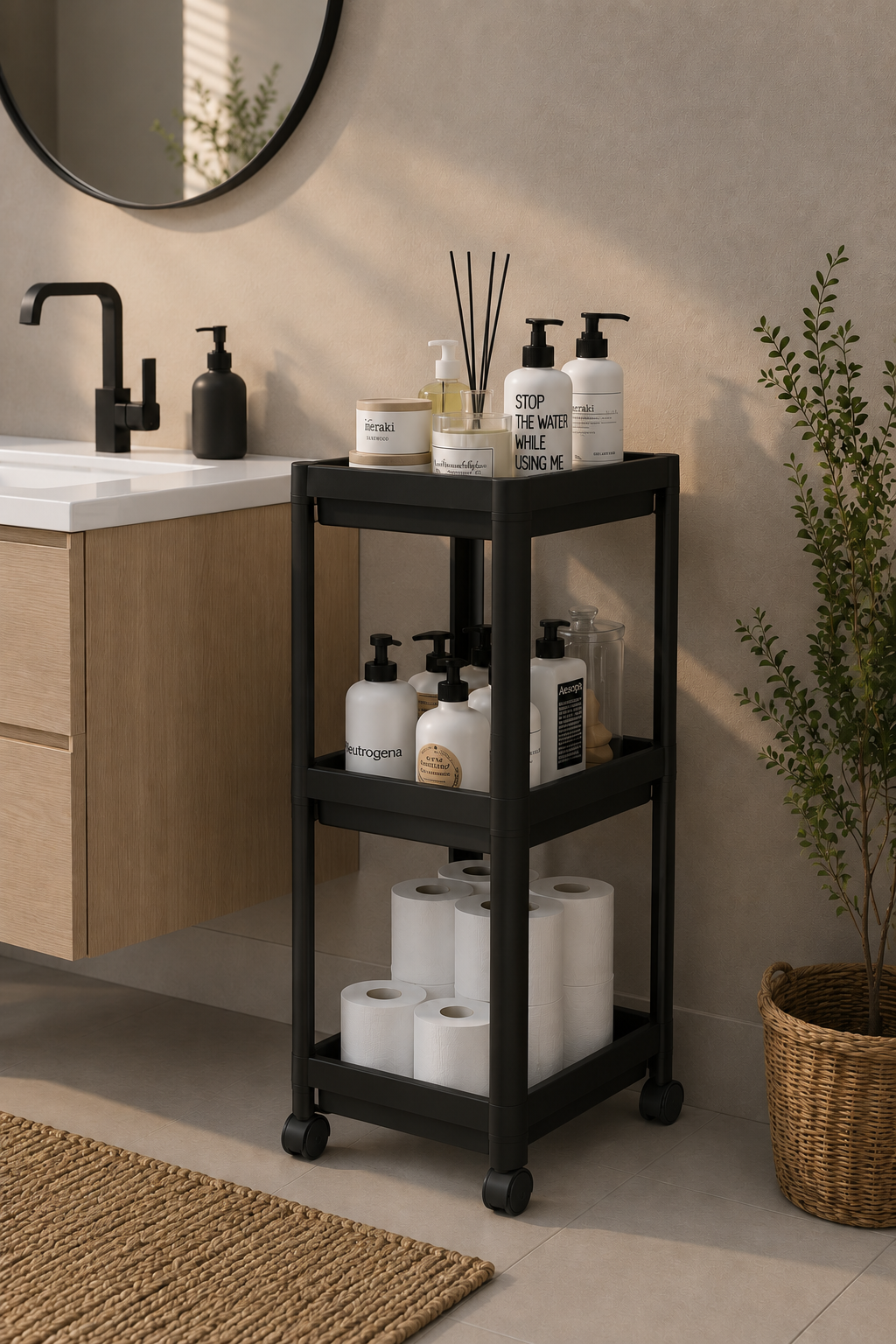 3 Katlı Siyah Banyo Raf Ünitesi  Düzenleyici Şampuanlık Havluluk Dolap Organizer