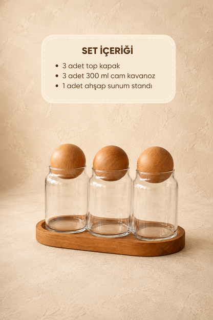 3’Lü Ahşap Standlı Cam Kavanoz Seti – Top Kapaklı 300 ml
