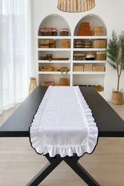 Shine White Keten Heryeri Fırfırlı Nakış Detaylı Dikdörtgen Runner 40CMX120CM