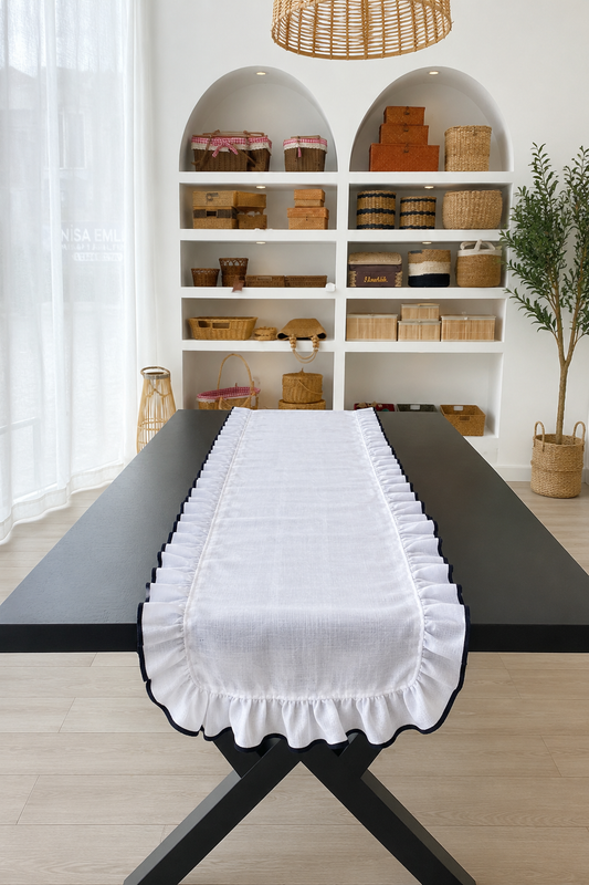 Shine White Keten Heryeri Fırfırlı Nakış Detaylı Dikdörtgen Runner 40CMX120CM