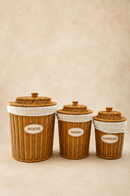 3'Lü Rattan Büyük Boy Patates Soğan Sarımsak Saklama Sepeti