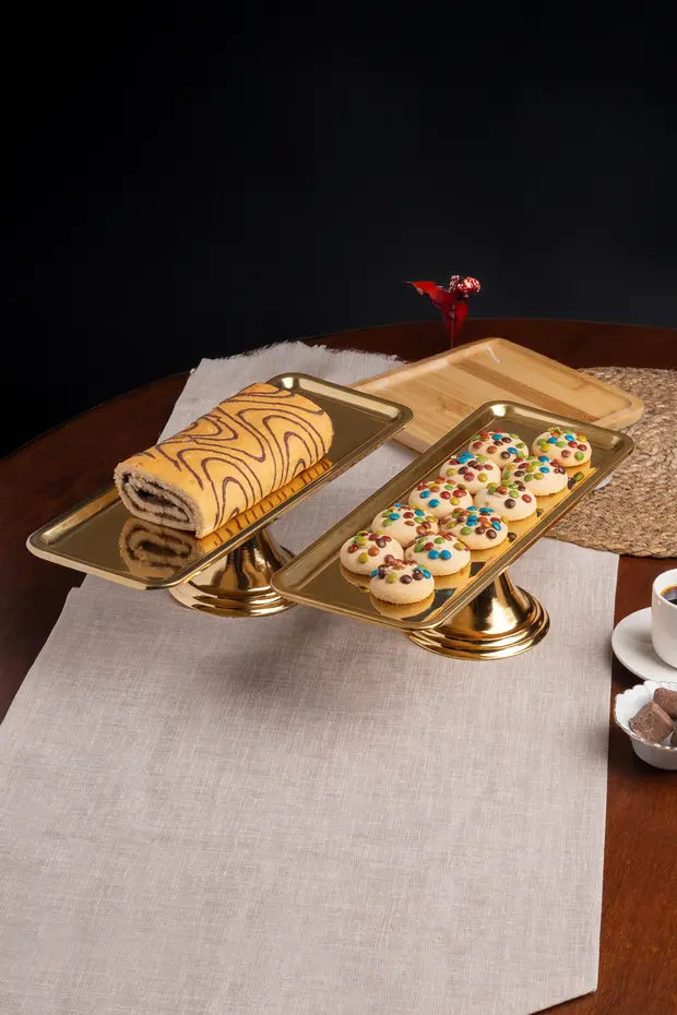 Lüx 2'li Dikdörtgen Gold Ayaklı Kek, Pasta, Kurabiye,Tatlı, ikramlık, Çeyizlik Sunum Servis Standı