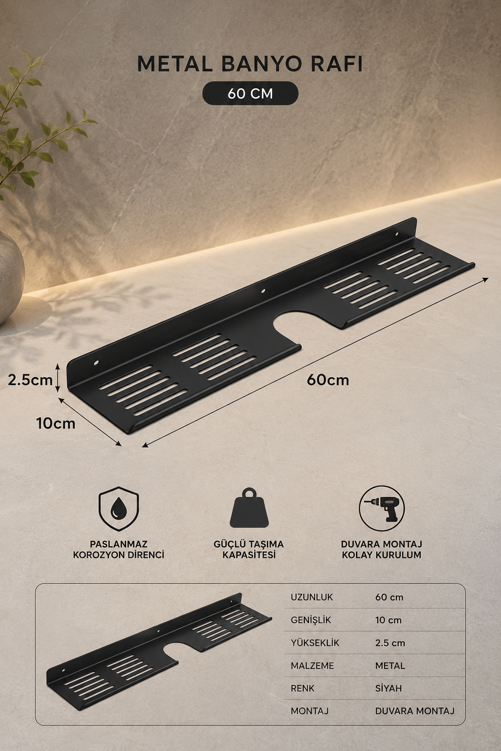 Metal Siyah Lavabo Üstü Banyo Rafı Duvara Monte Paslanmaz Organizer