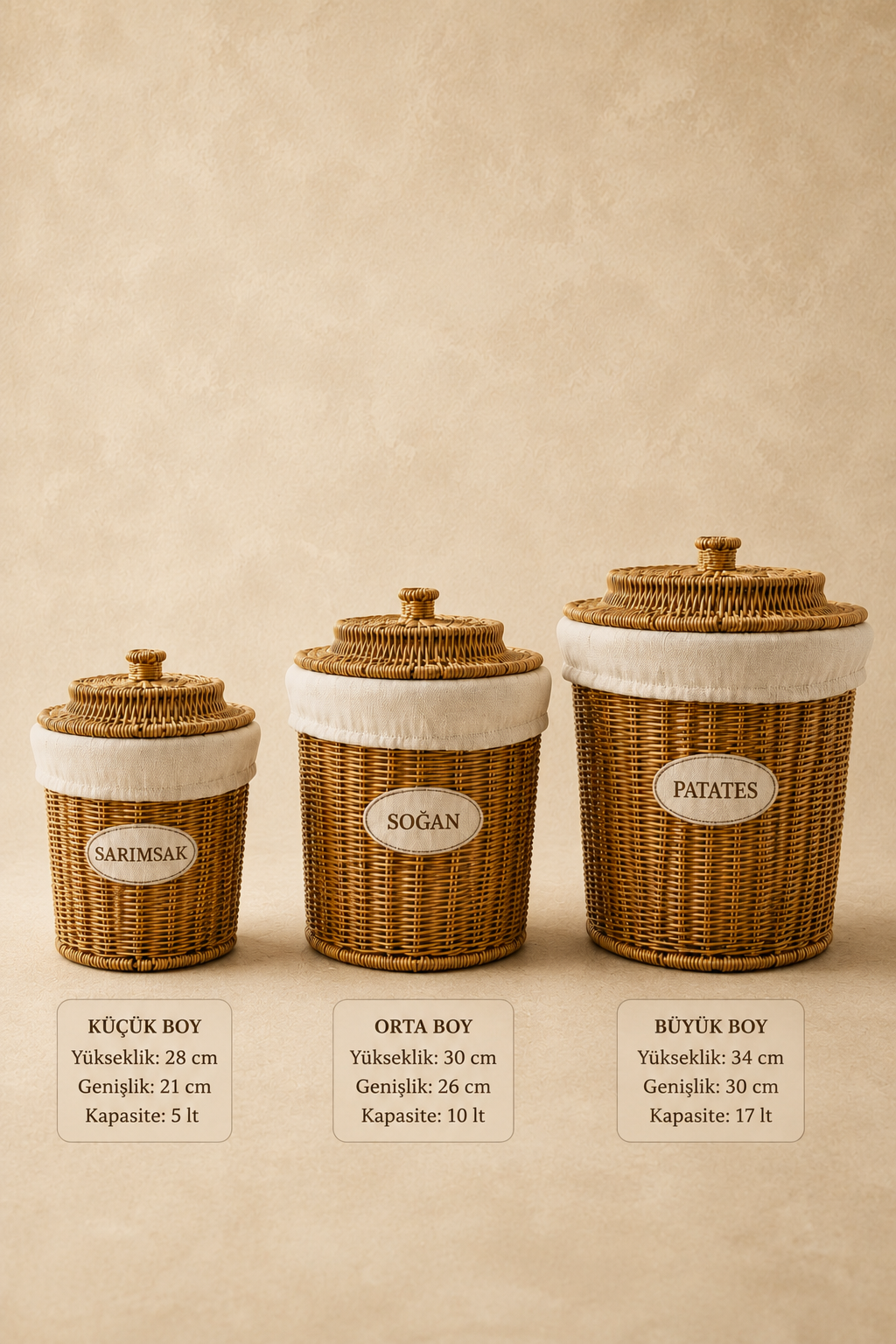 3'Lü Rattan Büyük Boy Patates Soğan Sarımsak Saklama Sepeti
