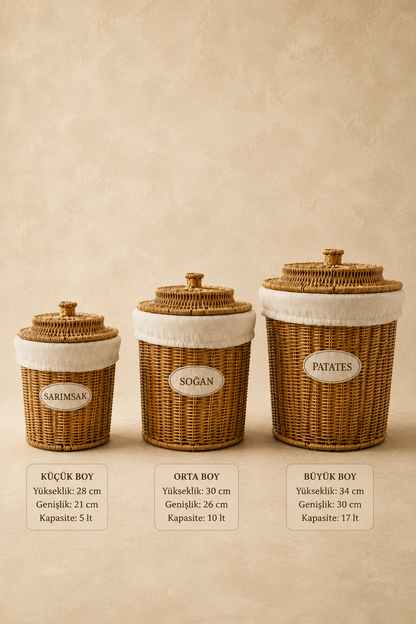 3'Lü Rattan Büyük Boy Patates Soğan Sarımsak Saklama Sepeti