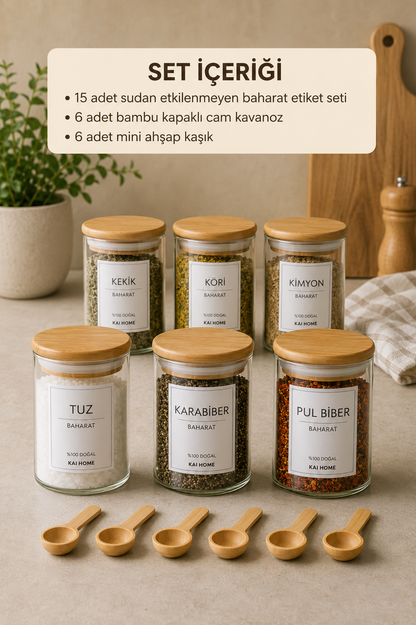 Bambu Vakum Kapaklı 300ml 6lı Cam Baharat Seti 6 Adet Ahşap Kaşık