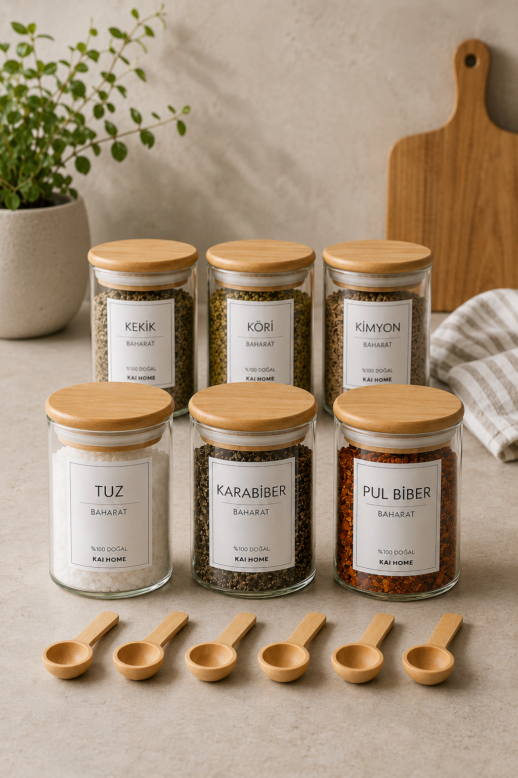 Bambu Vakum Kapaklı 300ml 6lı Cam Baharat Seti 6 Adet Ahşap Kaşık