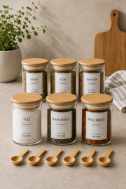 Bambu Vakum Kapaklı 300ml 6lı Cam Baharat Seti 6 Adet Ahşap Kaşık