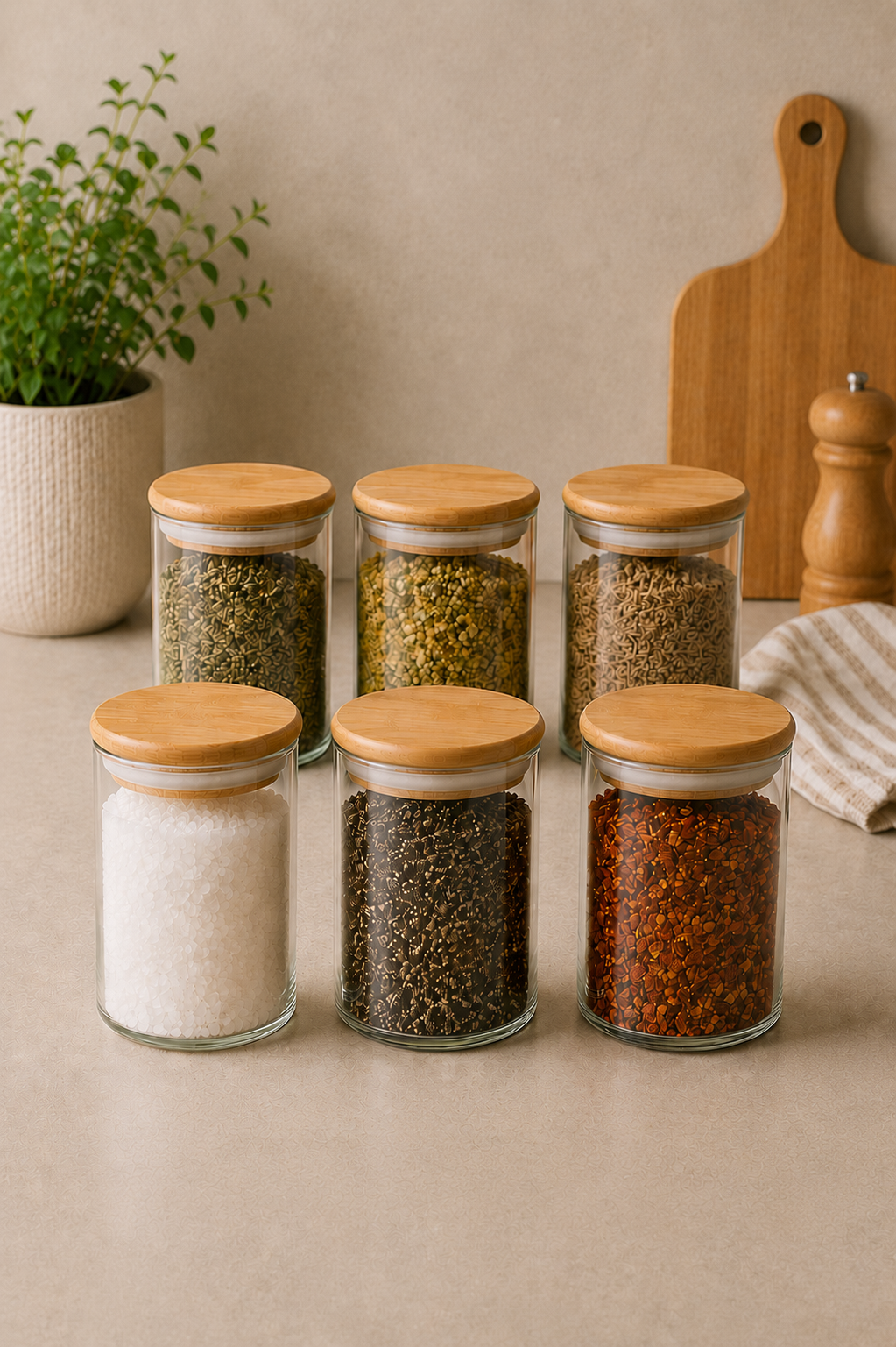 Bambu Vakum Kapaklı 300ml 6lı Cam Baharat Seti 6 Adet Ahşap Kaşık