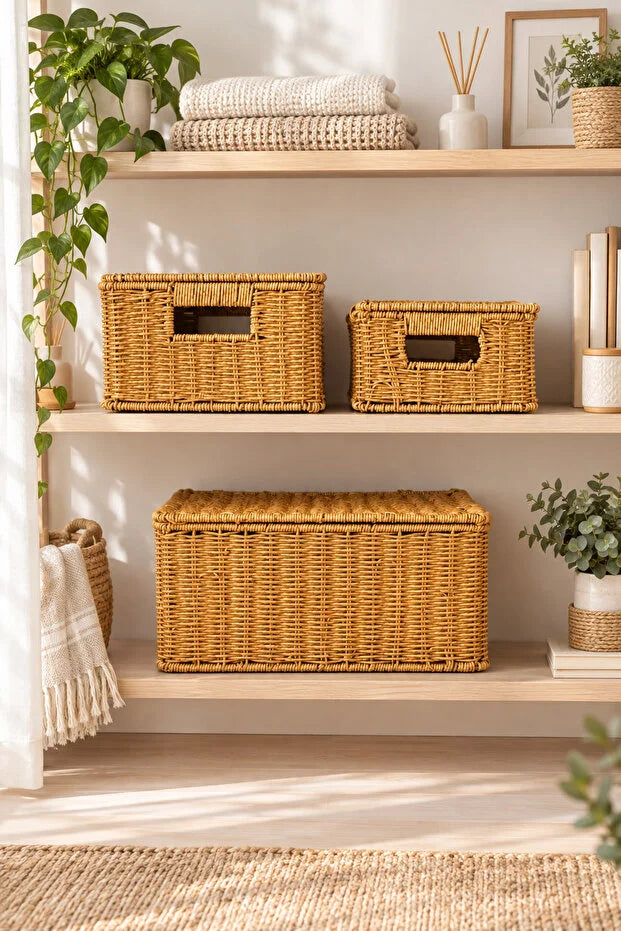 Rattan 3'Lü Çok Amaçlı Hasır Düzenleyici/Organizer/Sepet/Banyo Düzenleyici