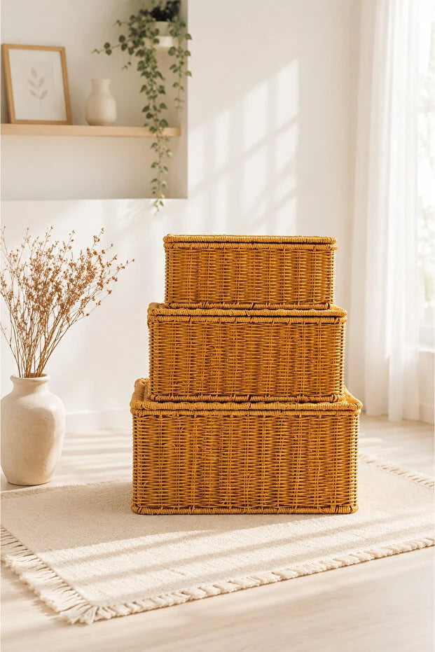 Rattan 3'Lü Çok Amaçlı Hasır Düzenleyici/Organizer/Sepet/Banyo Düzenleyici