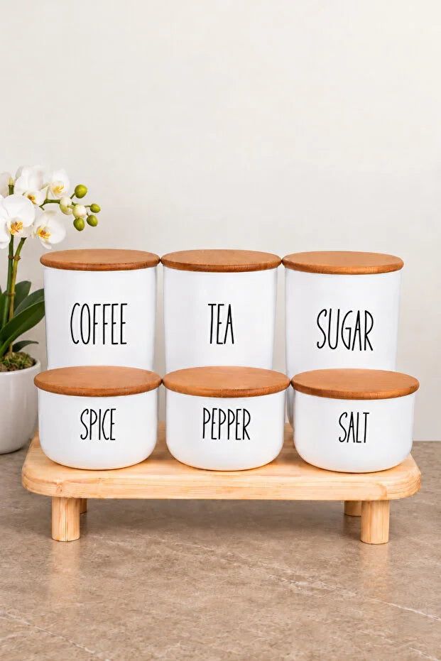 3Lü Bambu Kapaklı Ahşap Ayaklı Altlıklı Çay/Kahve/Şeker ve 3 Lü Bambu Kapaklı Salt/Pepper/Spice