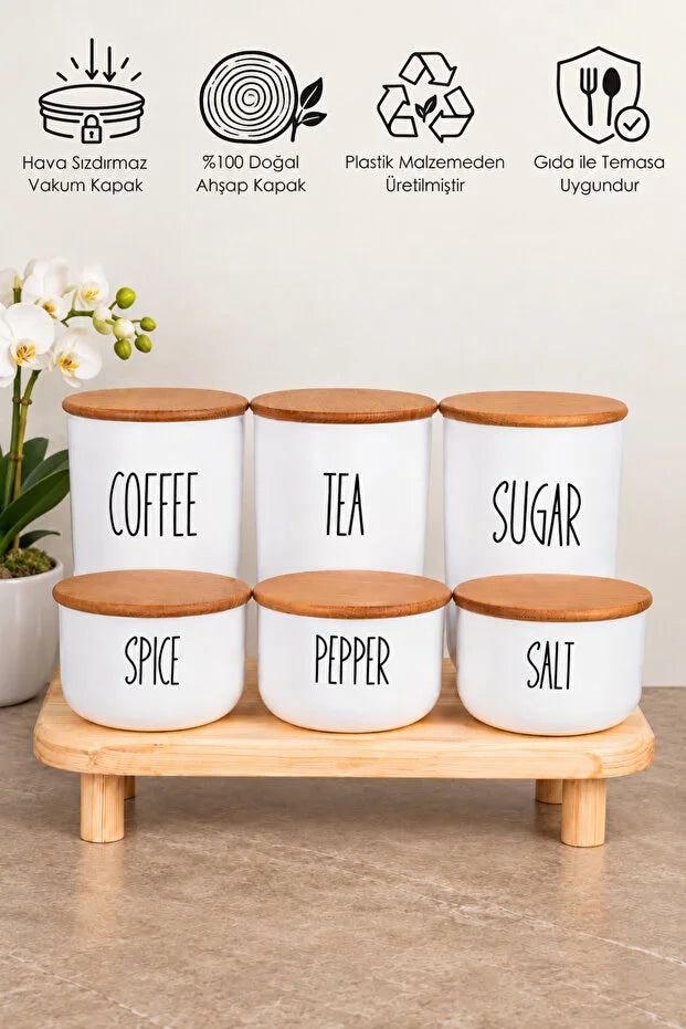 3Lü Bambu Kapaklı Ahşap Ayaklı Altlıklı Çay/Kahve/Şeker ve 3 Lü Bambu Kapaklı Salt/Pepper/Spice