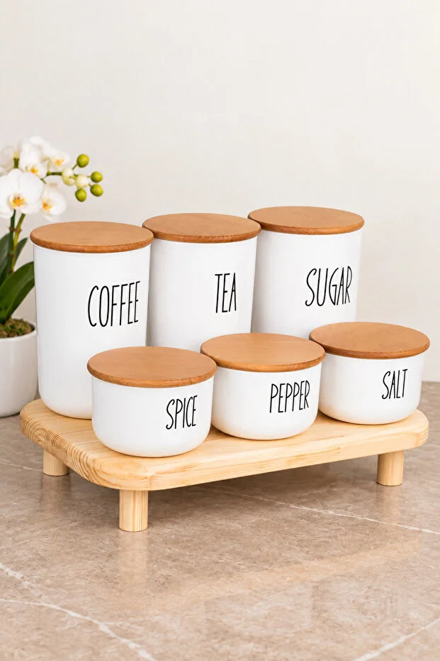 3Lü Bambu Kapaklı Ahşap Ayaklı Altlıklı Çay/Kahve/Şeker ve 3 Lü Bambu Kapaklı Salt/Pepper/Spice