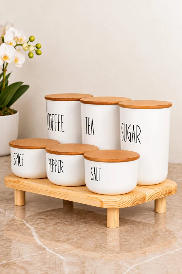 3Lü Bambu Kapaklı Ahşap Ayaklı Altlıklı Çay/Kahve/Şeker ve 3 Lü Bambu Kapaklı Salt/Pepper/Spice