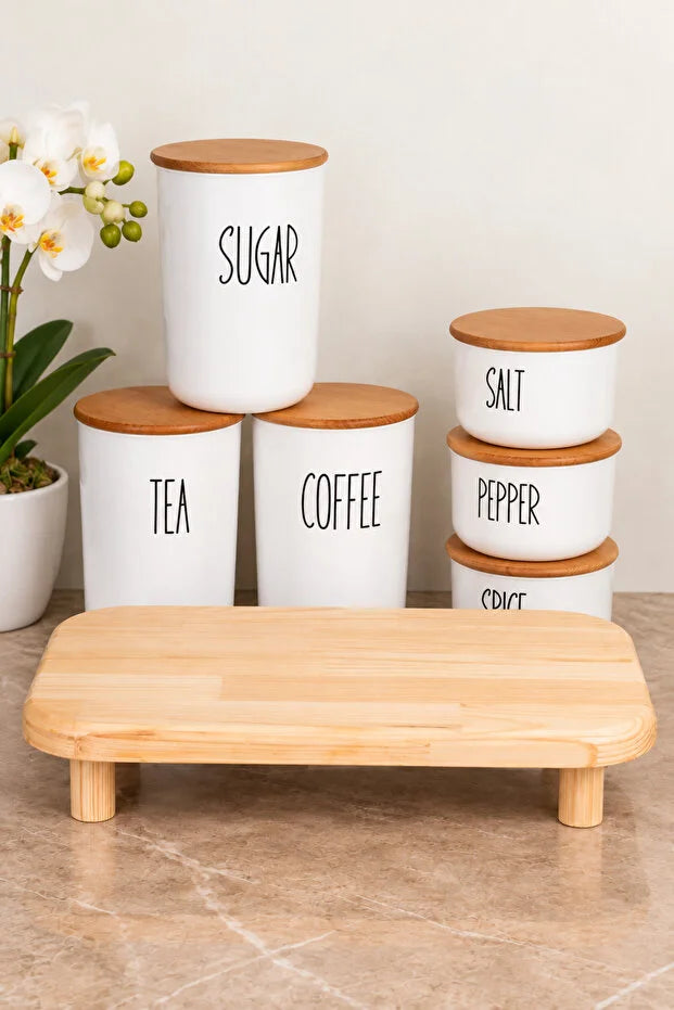 3Lü Bambu Kapaklı Ahşap Ayaklı Altlıklı Çay/Kahve/Şeker ve 3 Lü Bambu Kapaklı Salt/Pepper/Spice